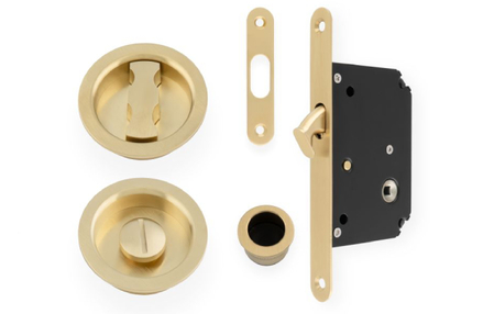 View Alexander and Wilks Radius Sliding Door Lock Set - Satin Brass PVD offered by HiF Kitchens