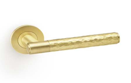 View Alexander & Wilks Spitfire Hammered Lever on Round Rose - Satin Brass offered by HiF Kitchens