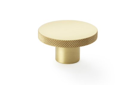 View Alexander & Wilks Hanover Knurled Circular Cupboard Knob - Satin Brass - 38mm offered by HiF Kitchens