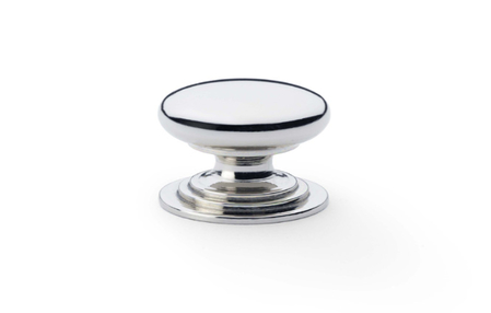 View Alexander & Wilks Waltz Round Cupboard Knob on Stepped Rose - Polished Nickel - 25mm offered by HiF Kitchens