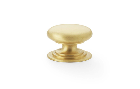 View Alexander & Wilks Waltz Round Cupboard Knob on Stepped Rose - Satin Brass - 25mm offered by HiF Kitchens