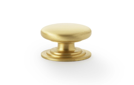 View Alexander & Wilks Waltz Round Cupboard Knob on Stepped Rose - Satin Brass - 32mm offered by HiF Kitchens