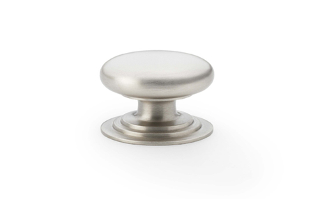 View Alexander & Wilks Waltz Round Cupboard Knob on Stepped Rose - Satin Nickel - 32mm offered by HiF Kitchens