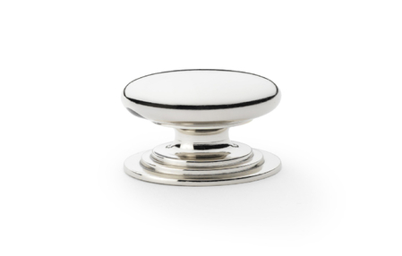 View Alexander & Wilks Waltz Round Cupboard Knob on Stepped Rose - Polished Nickel - 38mm offered by HiF Kitchens