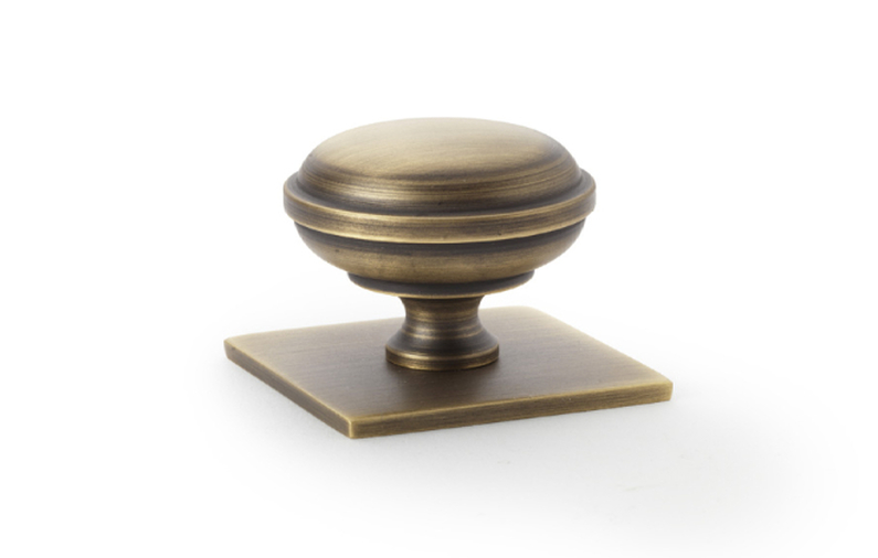 Alexander & Wilks Quantock Cupboard Knob on Square Backplate - Antique Brass - 34mm Image 1