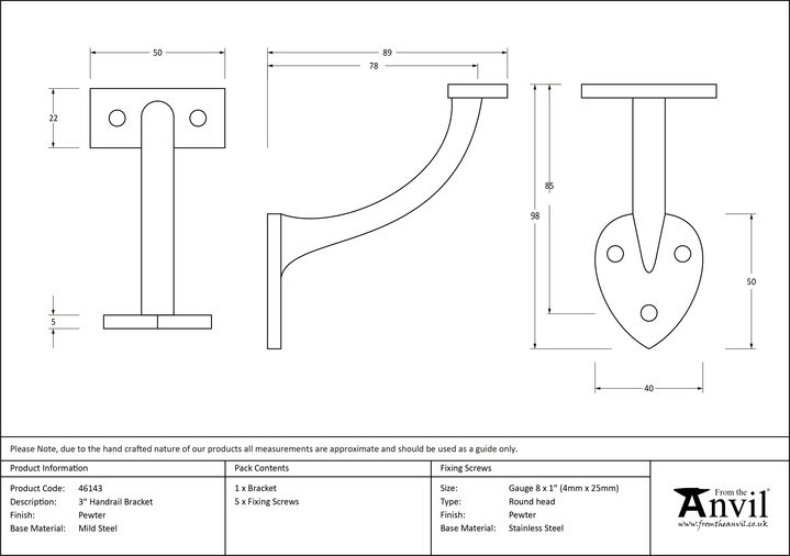 46143 - Pewter 3'' Handrail Bracket - FTA Image 2