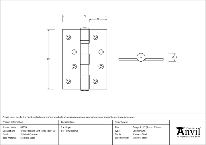 49576 - Polished Chrome 4'' Ball Bearing Butt Hinge (pair) ss - FTA Image 2