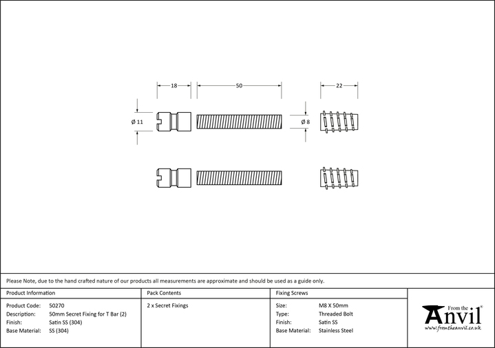 50270 - Satin SS (304) 50mm Secret Fixings for T Bar (2) - FTA Image 4