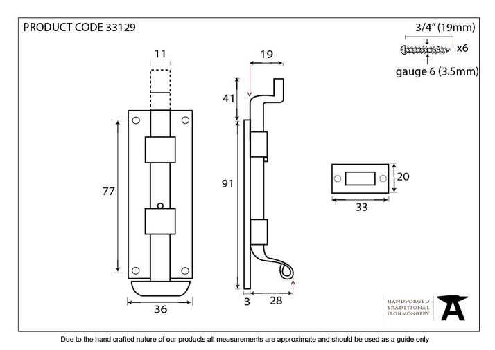 33129 - Beeswax 4'' Cranked Door Bolt - FTA Image 2