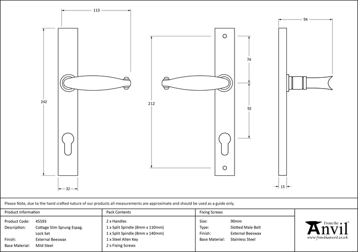 45593 - External Beeswax Cottage Slimline Lever Espag. Lock Set - FTA Image 9