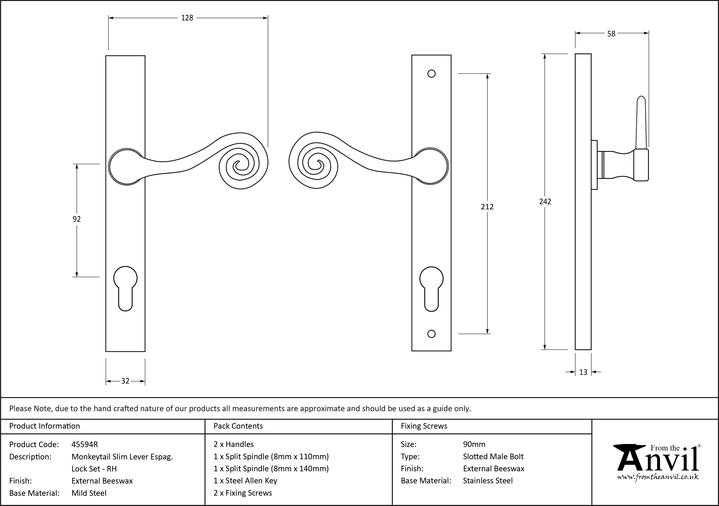 45594R - External Beeswax Monkeytail Slim. Lever Espag. Lock Set - RH - FTA Image 9