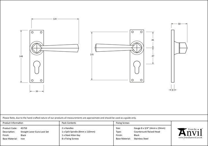45759 - Black Straight Lever Euro Lock Set - FTA Image 3