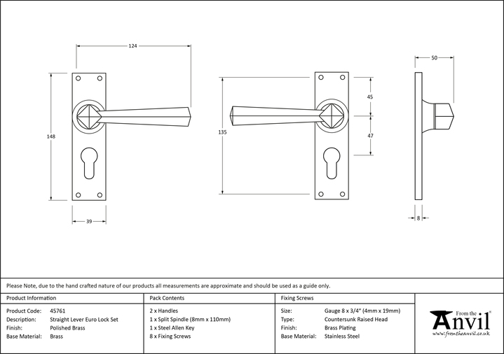 45761 - Polished Brass Straight Lever Euro Lock Set - FTA Image 3