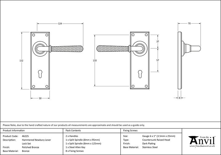 46225 - Polished Bronze Hammered Newbury Lever Lock Set - FTA Image 4