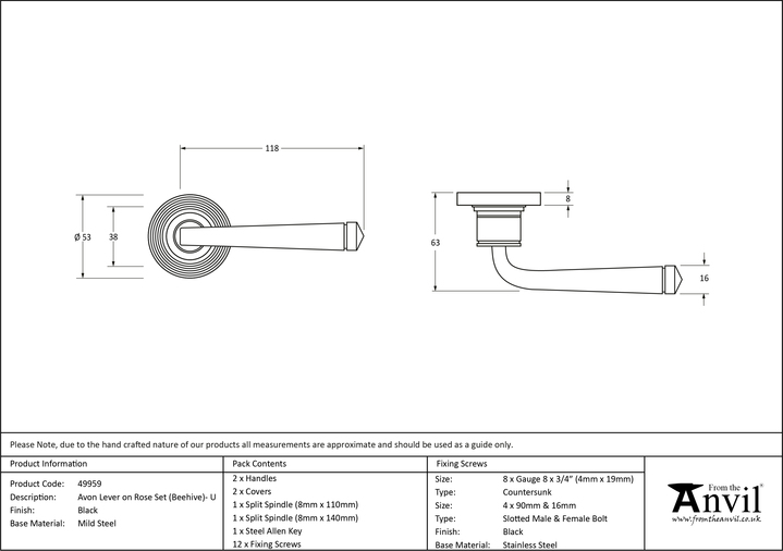 49959 - Black Avon Round Lever on Rose Set (Beehive) - Unsprung - FTA Image 3