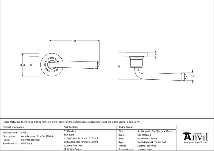 49961 - External Beeswax Avon Round Lever on Rose Set (Plain) - Unsprung - FTA Image 3