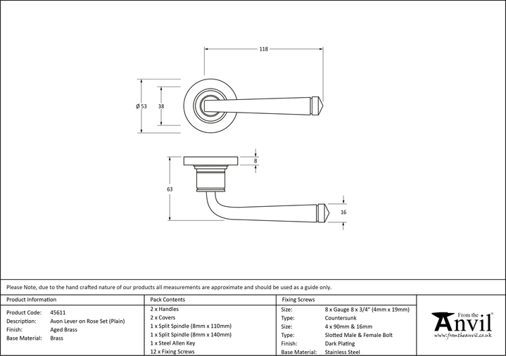 45611 - Aged Brass Avon Round Lever on Rose Set (Plain) FTA Image 4