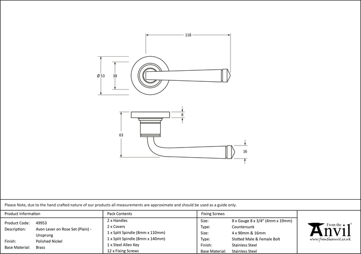 49953 - Polished Nickel Avon Round Lever on Rose Set (Plain) - Unsprung - FTA Image 3