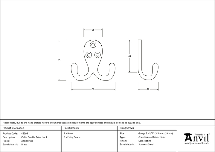 46296 - From The Anvil Aged Brass Celtic Double Robe Hook - FTA Image 2