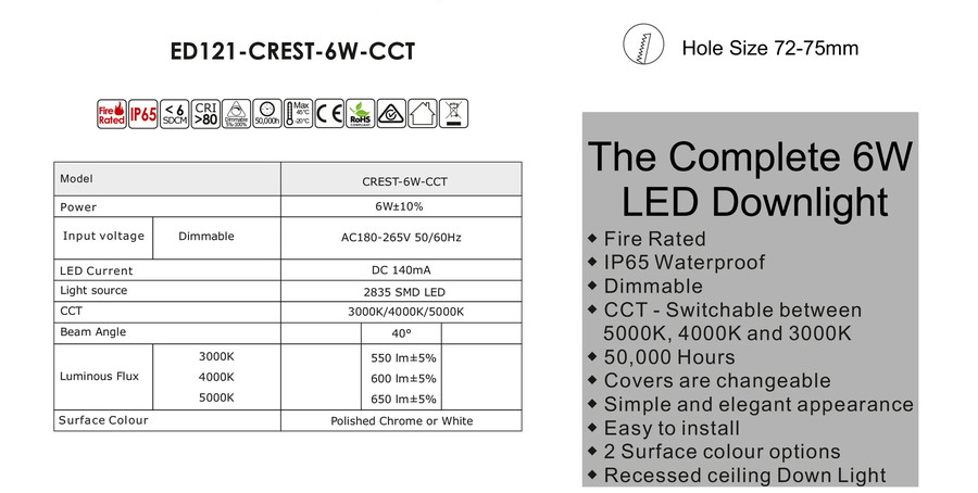 Crest Downlight Various Bezels 6W Fire Rated IP65 Dimmable Image 6