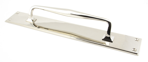 View 45376 - Polished Nickel 425mm Art Deco Pull Handle on Backplate - FTA offered by HiF Kitchens