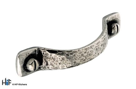 View H148.96.HPE Kilby Bow Handle Raw Pewter 96mm Hole Centre offered by HiF Kitchens